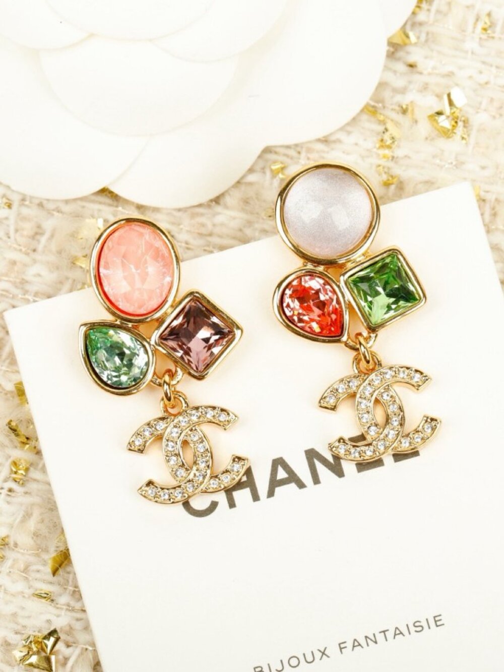 Chanel Gold-Tone Multicolor Crystal CC Drop Earrings